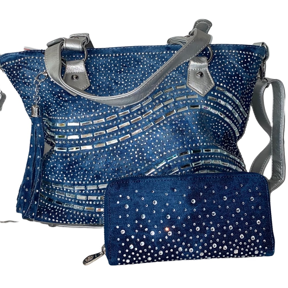 Jean Y2K style purse /overnight bag & wallet set with rhinestone d…